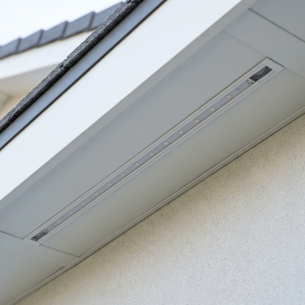 Discreet permanent eave lighting track close-up