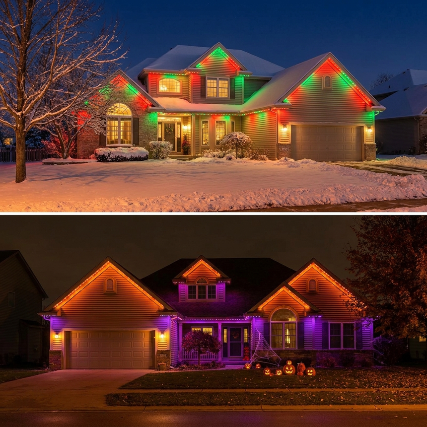 Colorful holiday scene modes along the roofline
