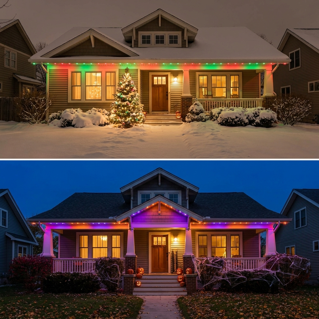 Holiday red and green eave lights on snowy home