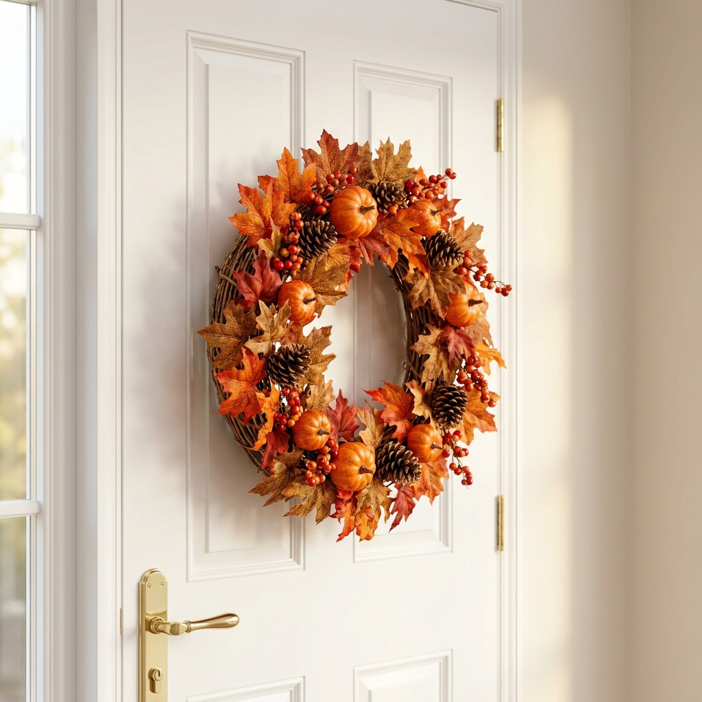 22 inch artificial fall wreath with pumpkins, berries and maple leaves on a front door