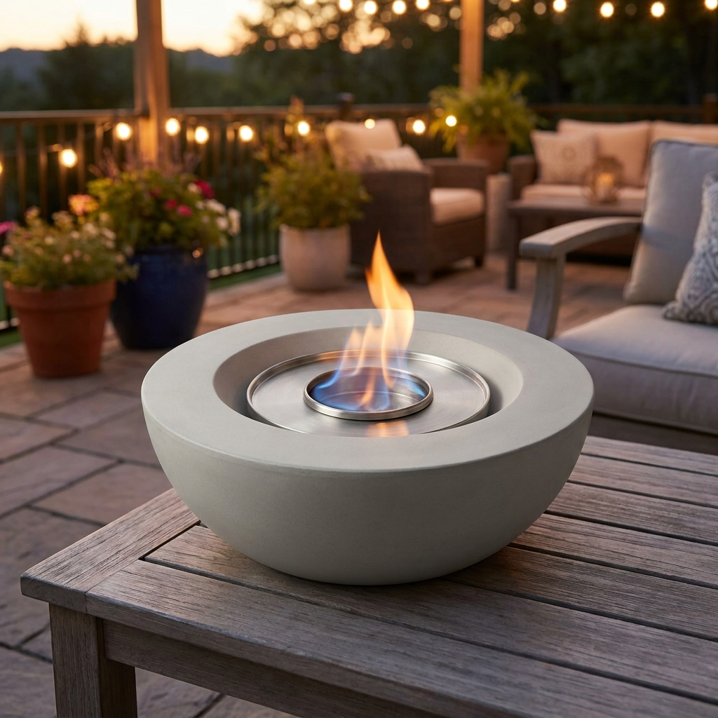 Concrete tabletop fire pit bowl with clean flame on a patio table at dusk