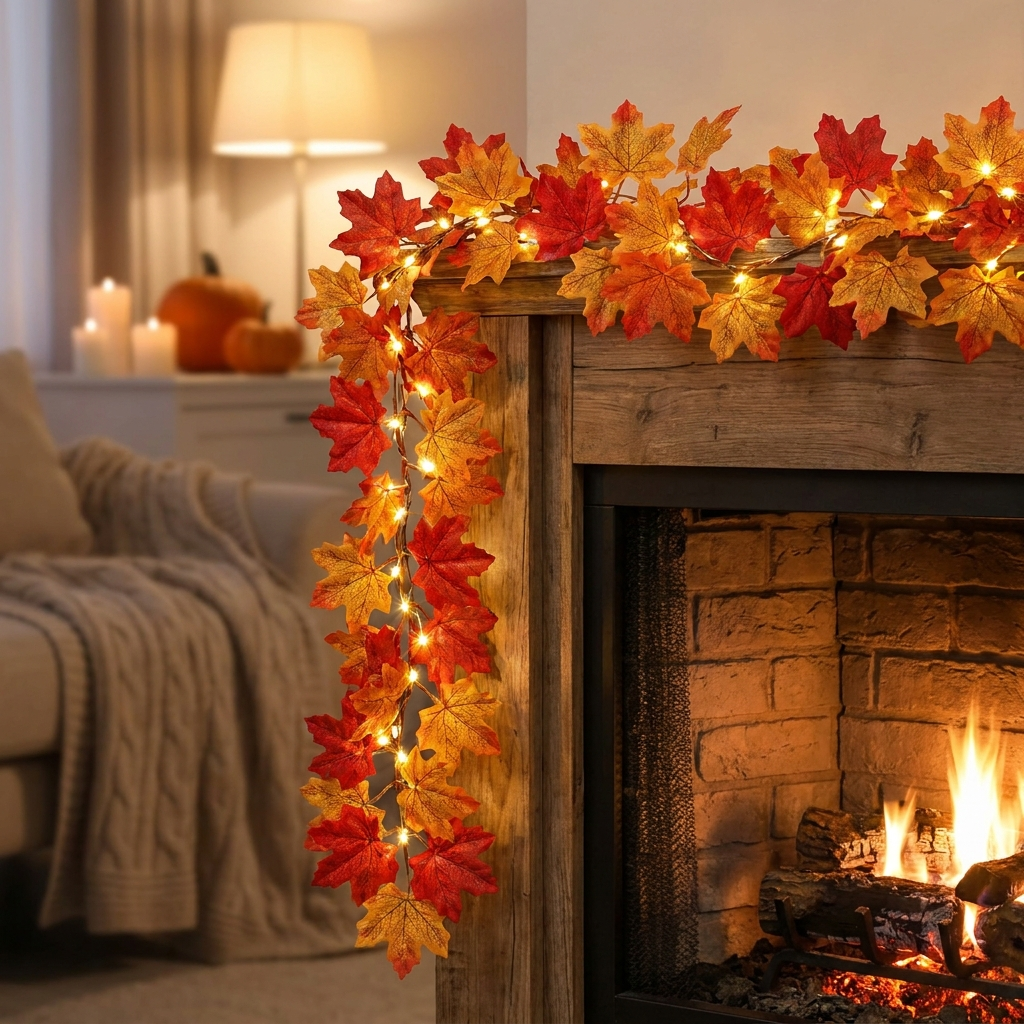 Lighted maple leaf fall garland with warm LEDs draped along a fireplace mantel