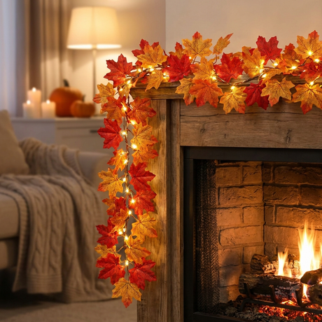 Lighted maple leaf fall garland with warm LEDs draped along a fireplace mantel