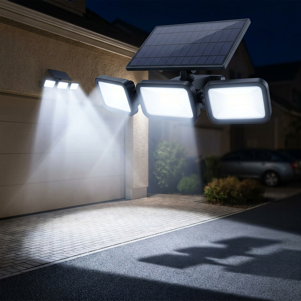 3-head solar security light illuminating a driveway at night