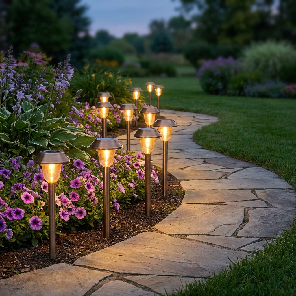 Solar pathway stake lights lining a garden walkway at dusk