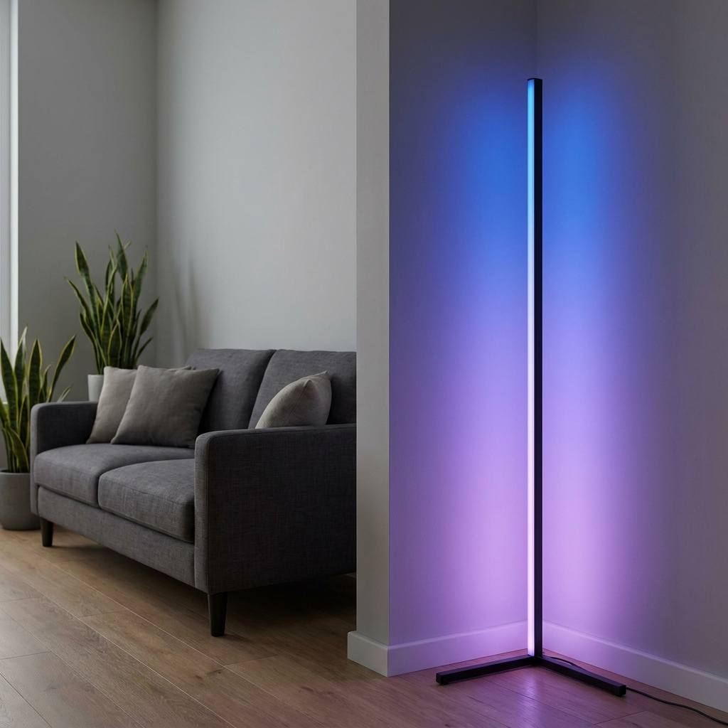 Smart RGB corner floor lamp glowing purple-blue gradient in a modern living room