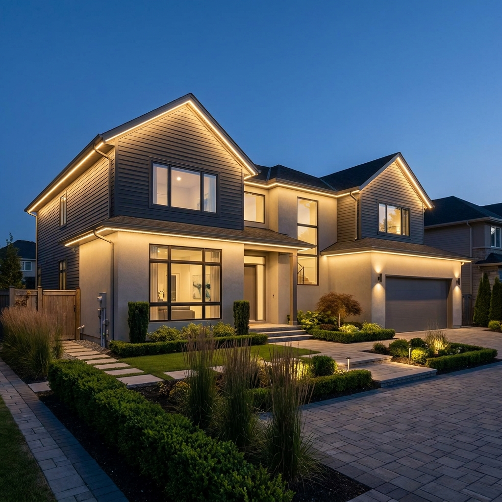 Modern house at night with warm white permanent eave lighting along the roofline