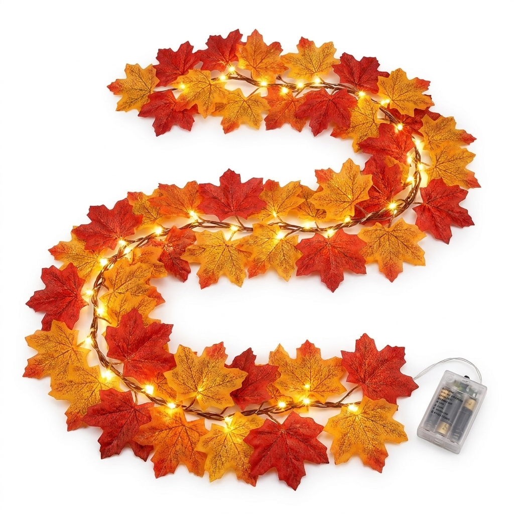 Lighted fall garland studio photo showing full 6ft strand and battery box