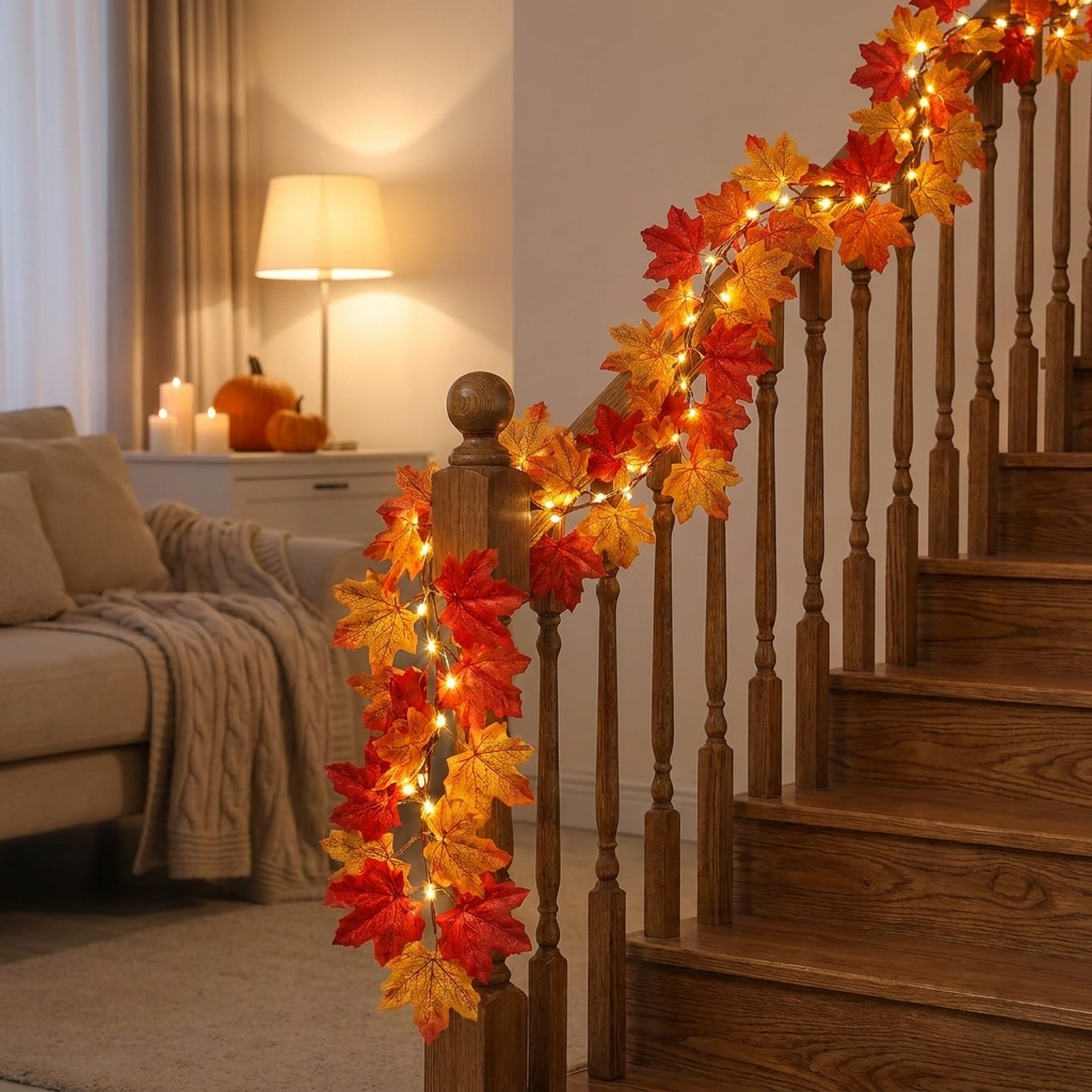 Fall garland wrapped along a staircase banister at evening