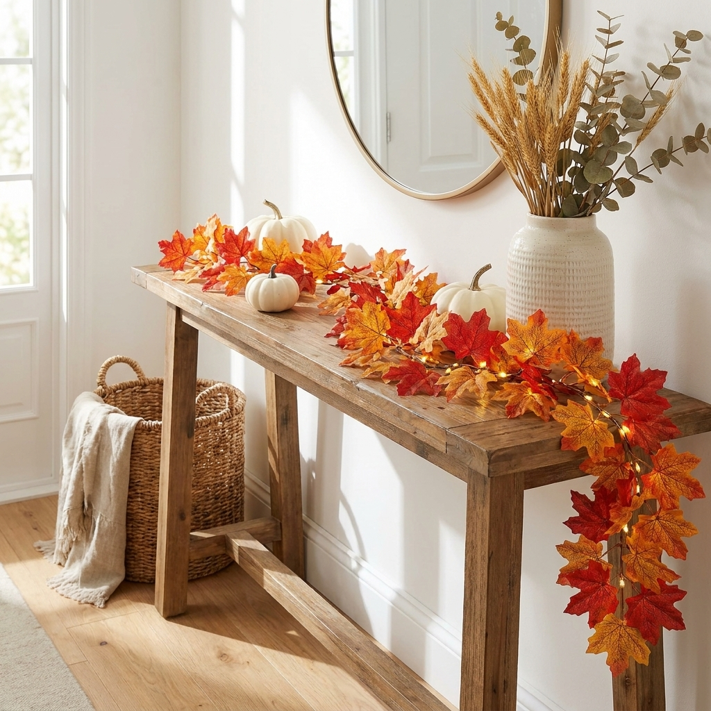 Fall garland styled on a console table with pumpkins in daylight