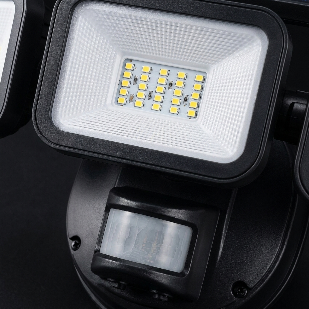 Close-up of LED heads and motion sensor dome