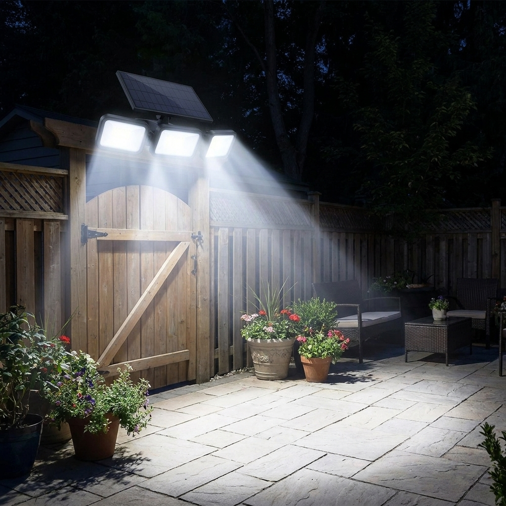 Backyard gate flooded with motion-triggered light at night
