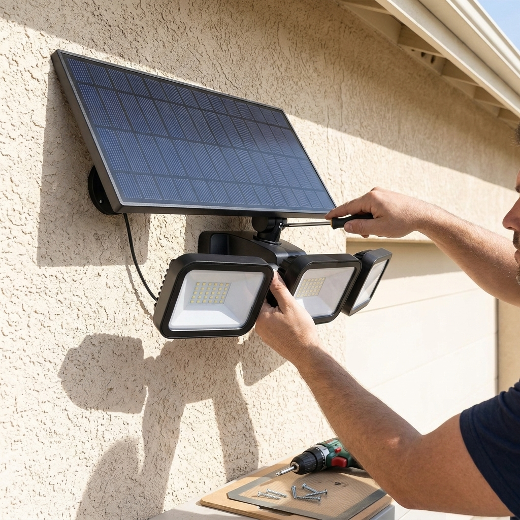 Hands mounting the solar security light on a garage wall
