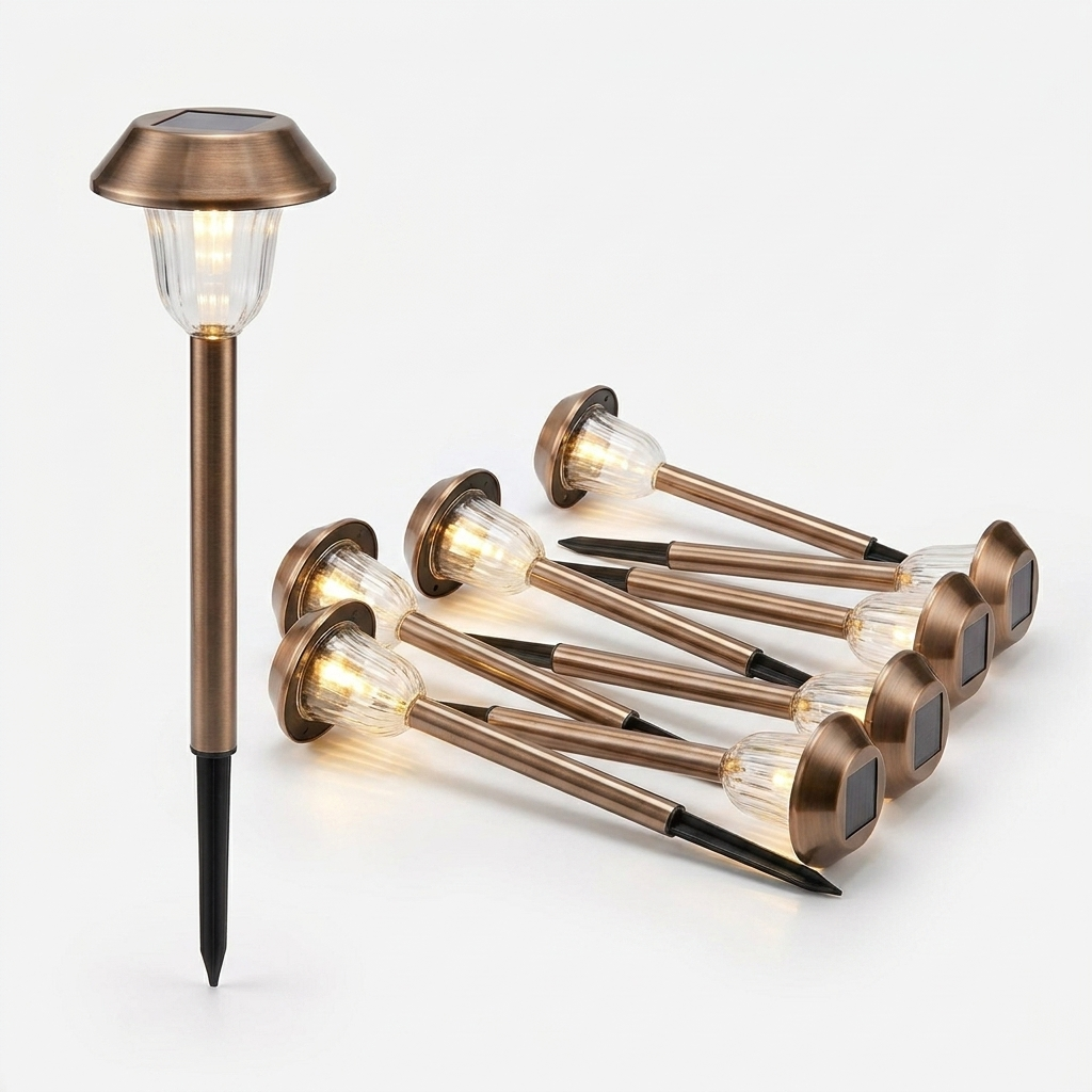 Solar pathway light studio photo with stake and 8-pack set