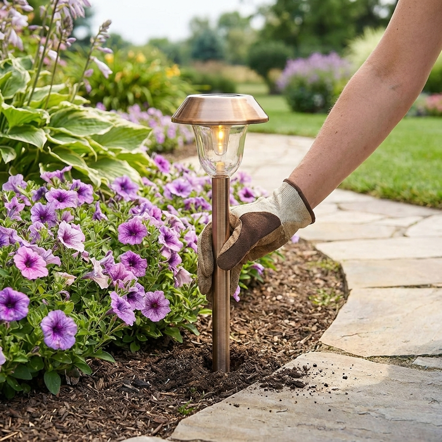 Hand pushing the stake into garden soil for easy install
