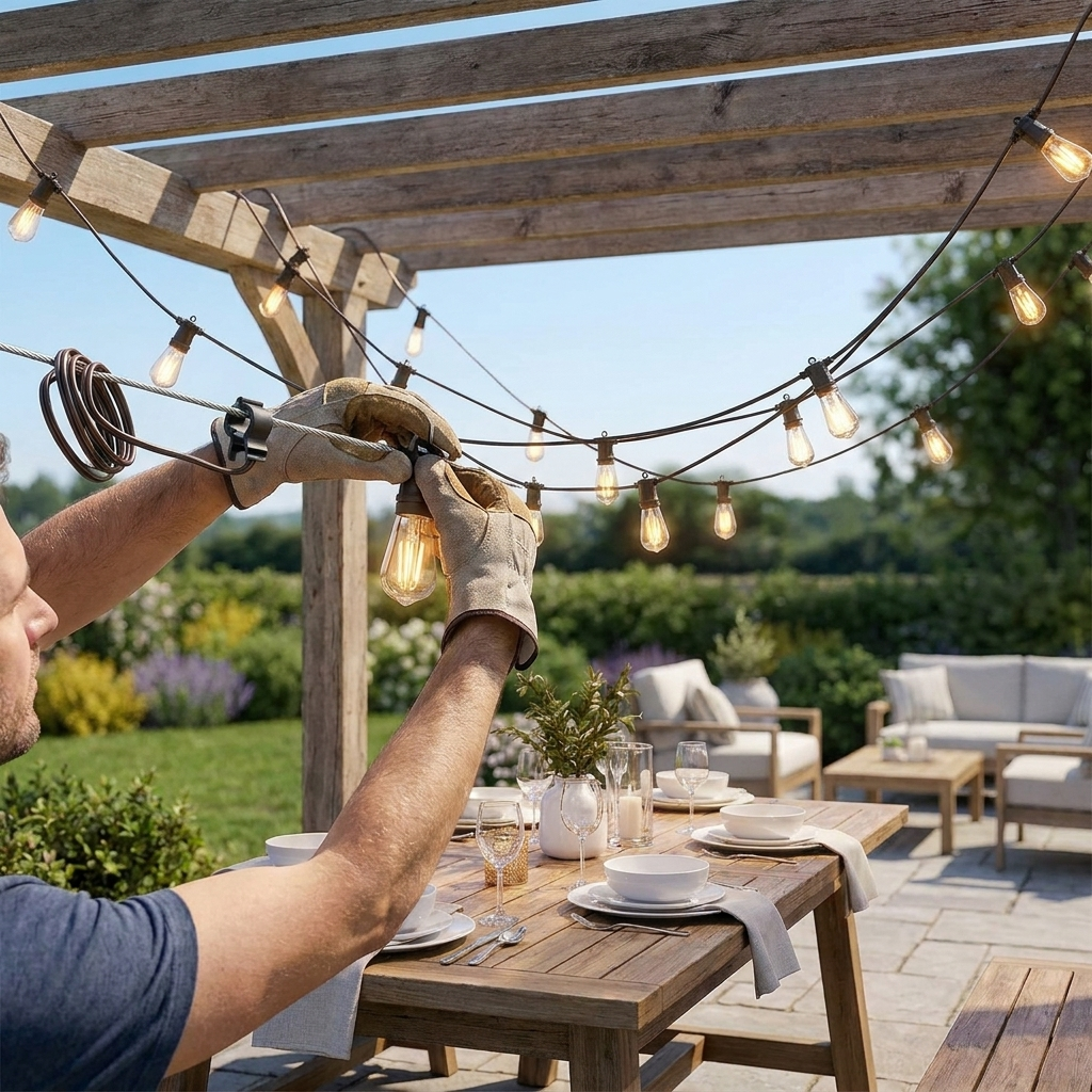 Hands clipping the string lights to a guide wire during install