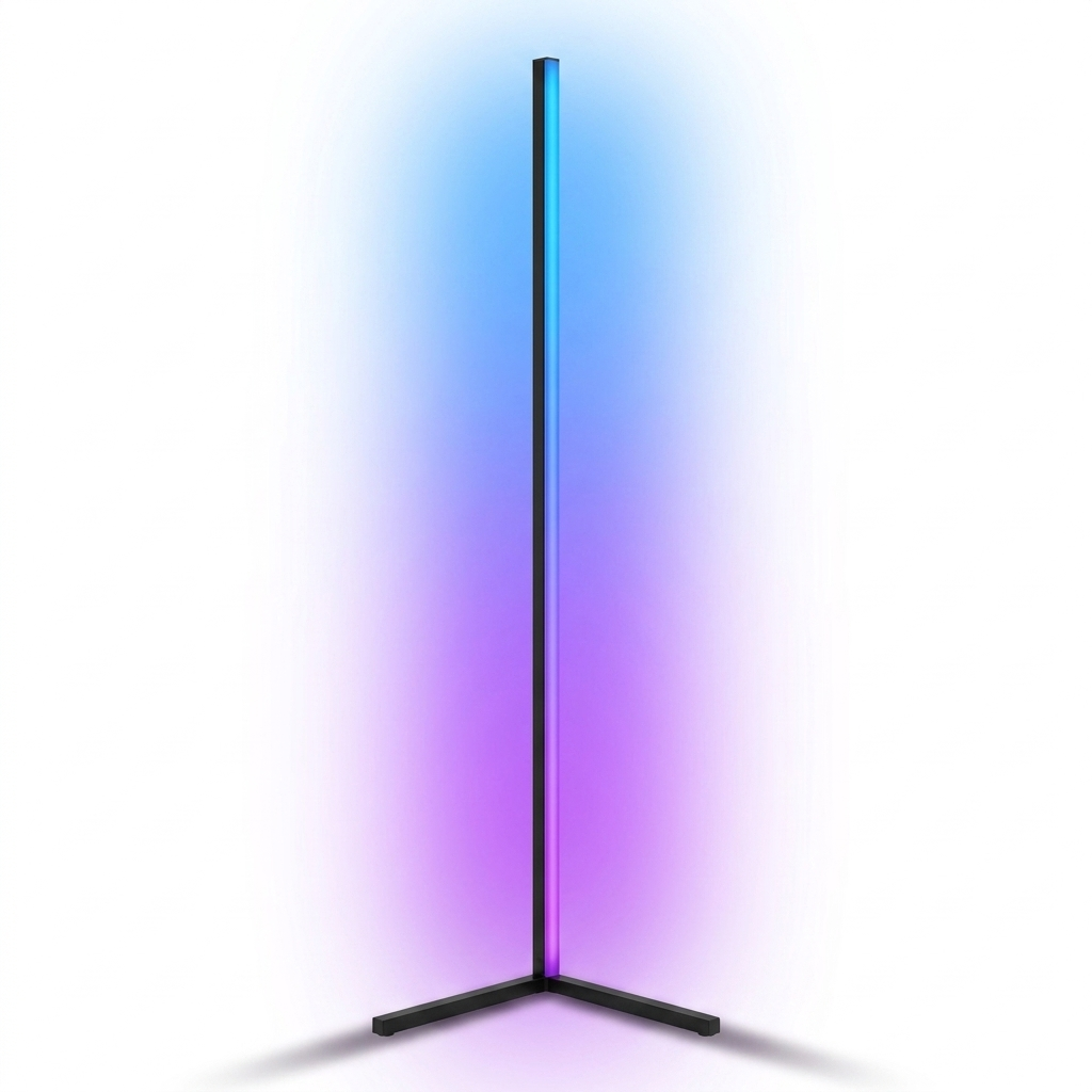Corner floor lamp studio photo glowing blue-purple gradient on white background