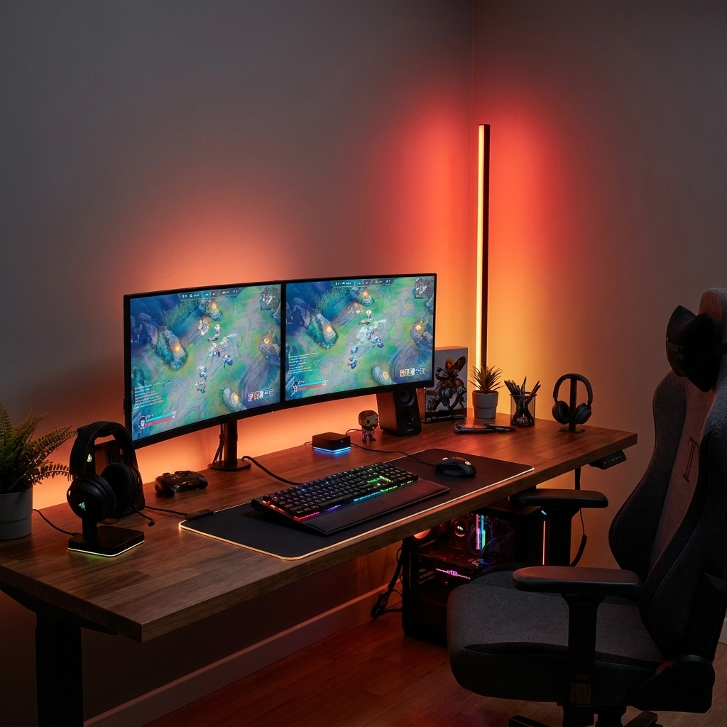 Gaming setup at night with the corner lamp glowing red-orange