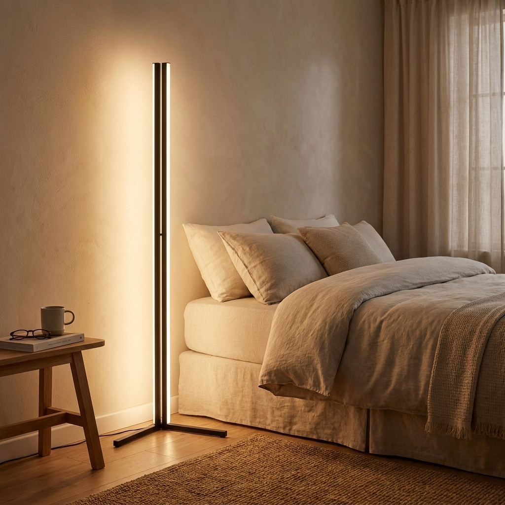 Corner lamp in warm white mode in a cozy bedroom