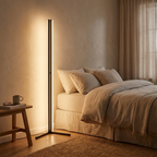 Corner lamp in warm white mode in a cozy bedroom