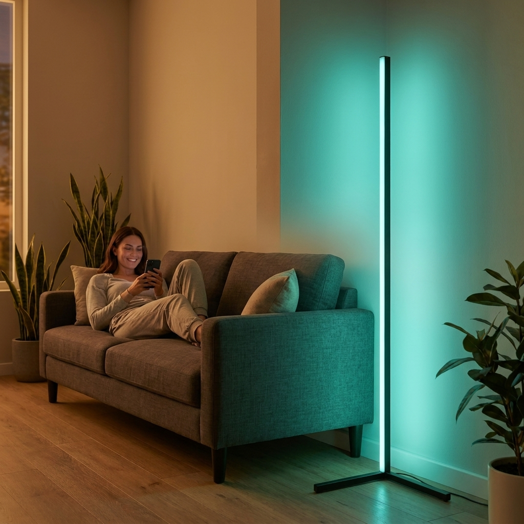 Woman on sofa next to the corner lamp showing its height