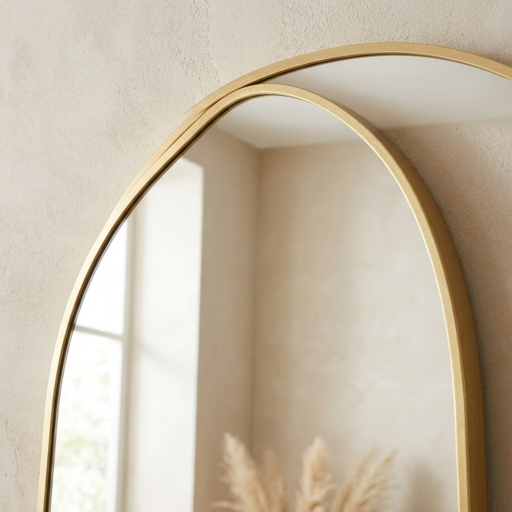 Close-up of the slim gold aluminum frame and glass edge