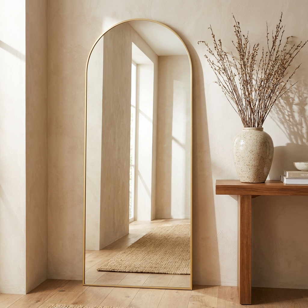 Arched mirror styled in an entryway beside a console table