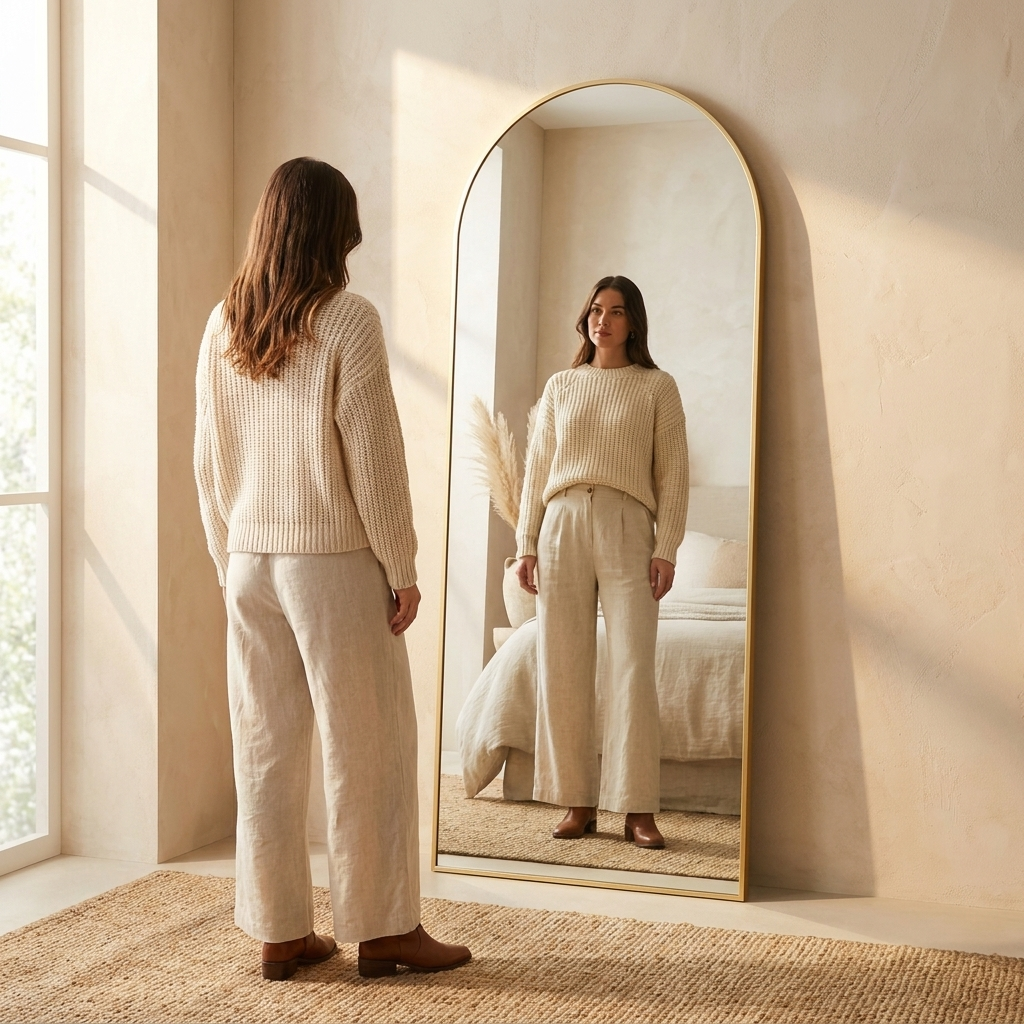 Woman checking her full outfit showing the mirror's 64-inch height