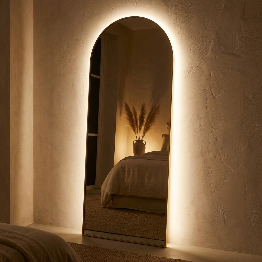 LED backlit variant glowing with a warm halo in a dim bedroom