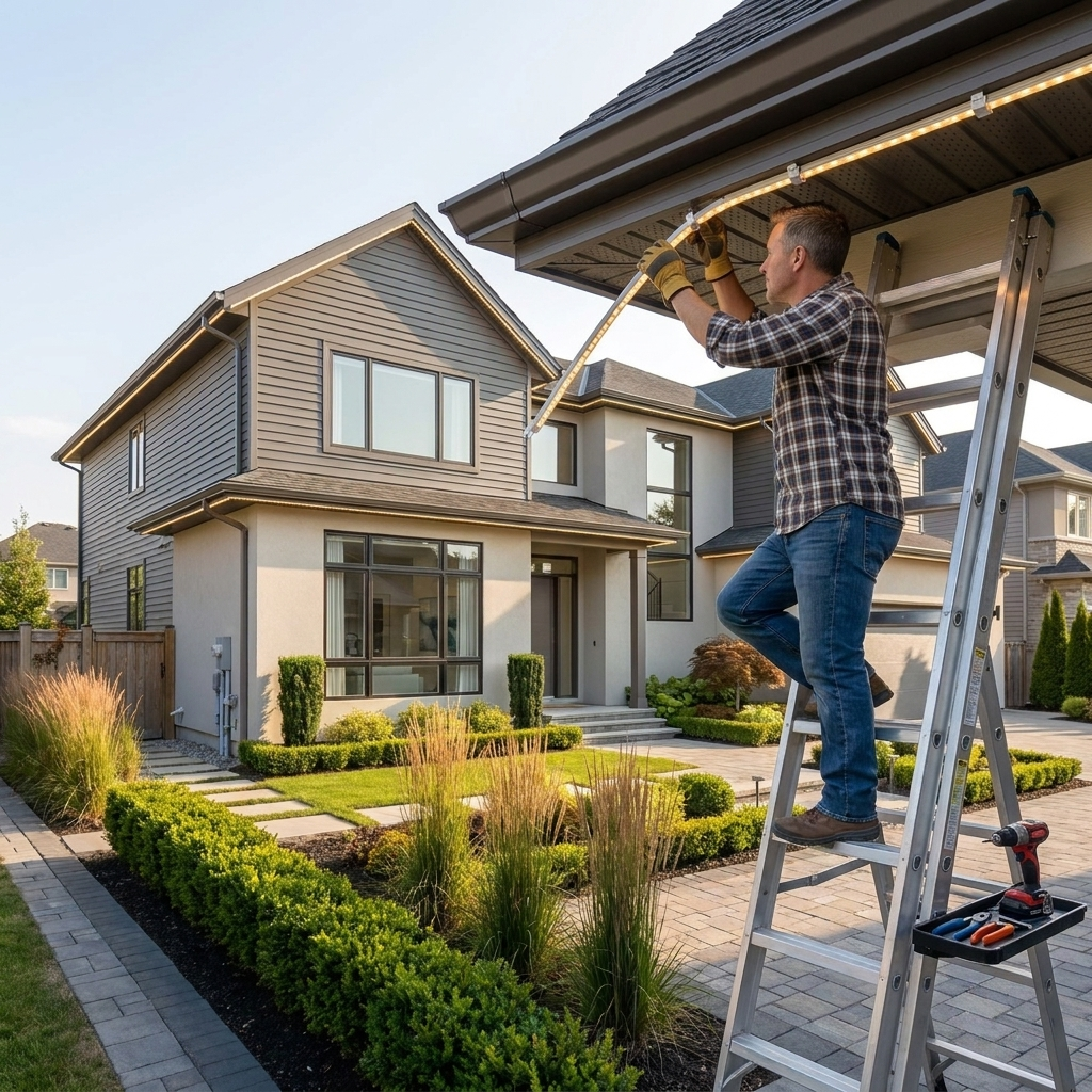 Homeowner installing the eave light track under the roofline