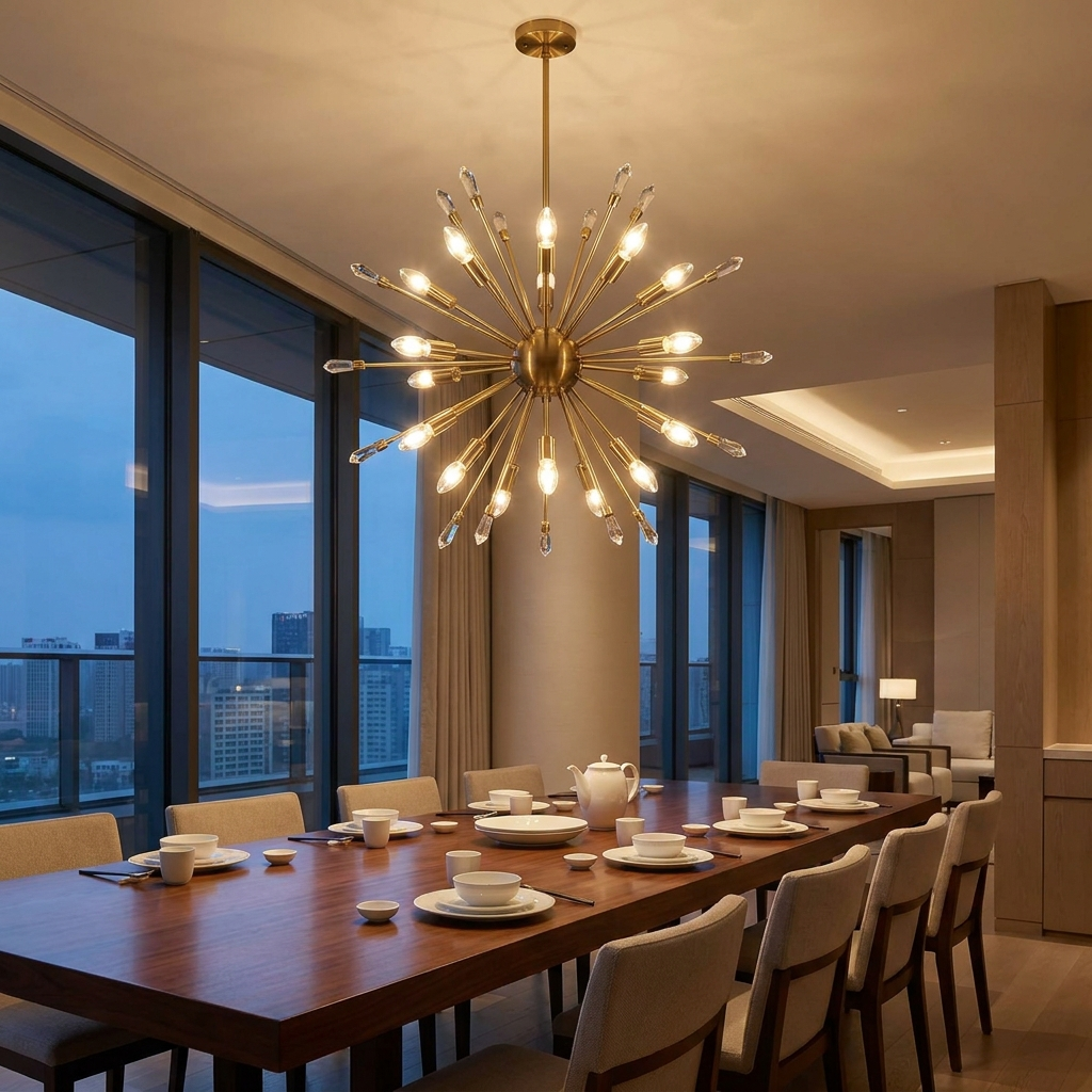 Gold crystal sputnik chandelier glowing over an elegant dining table at dusk