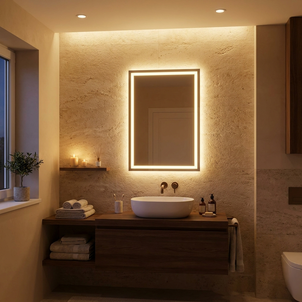 LED bathroom mirror with backlit and front-lit glow above a floating vanity