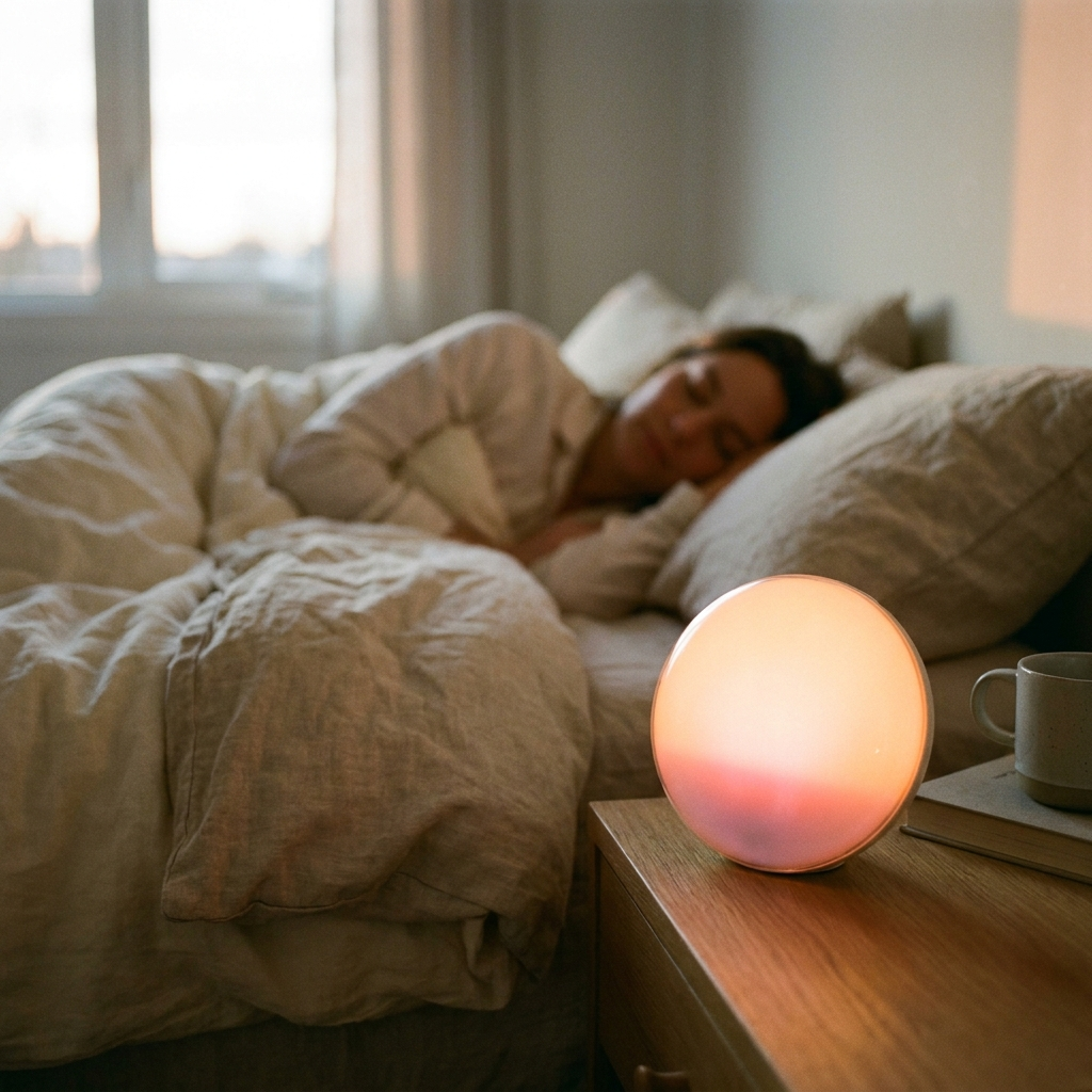Sunrise alarm clock lamp glowing warm orange on a nightstand at dawn