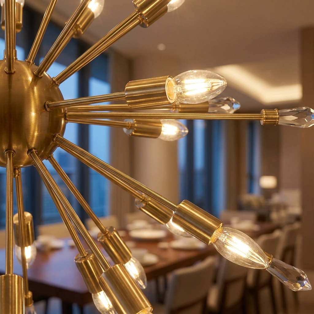Close-up of crystal-tipped arms and warm G9 bulb glow
