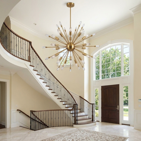 Sputnik chandelier at statement scale in a two-story foyer