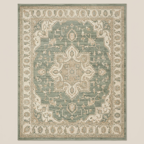 Top down view of vintage medallion washable area rug showing the full pattern