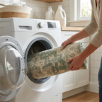 Rug being loaded into a home washing machine