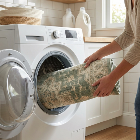 Machine washable area rug being loaded into a home washing machine
