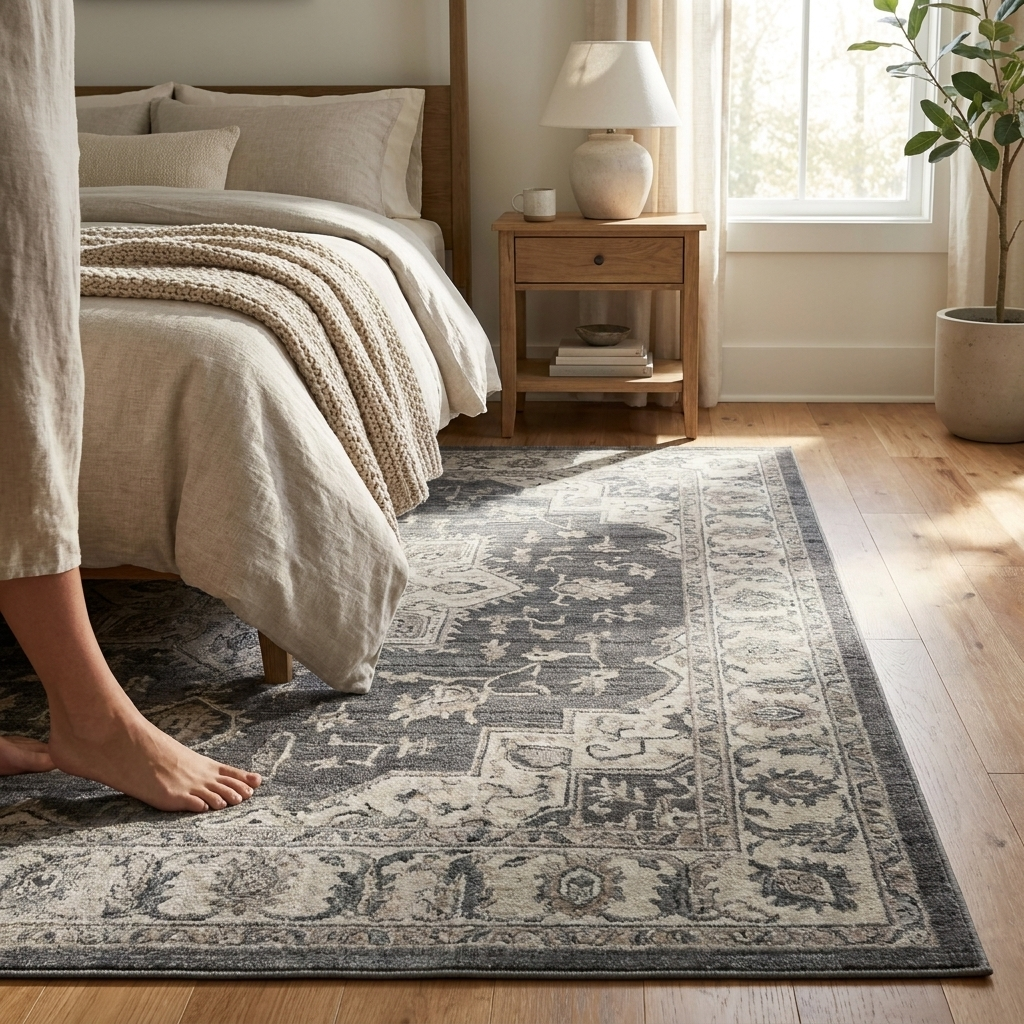 Grey vintage colorway beside a bed in a neutral bedroom