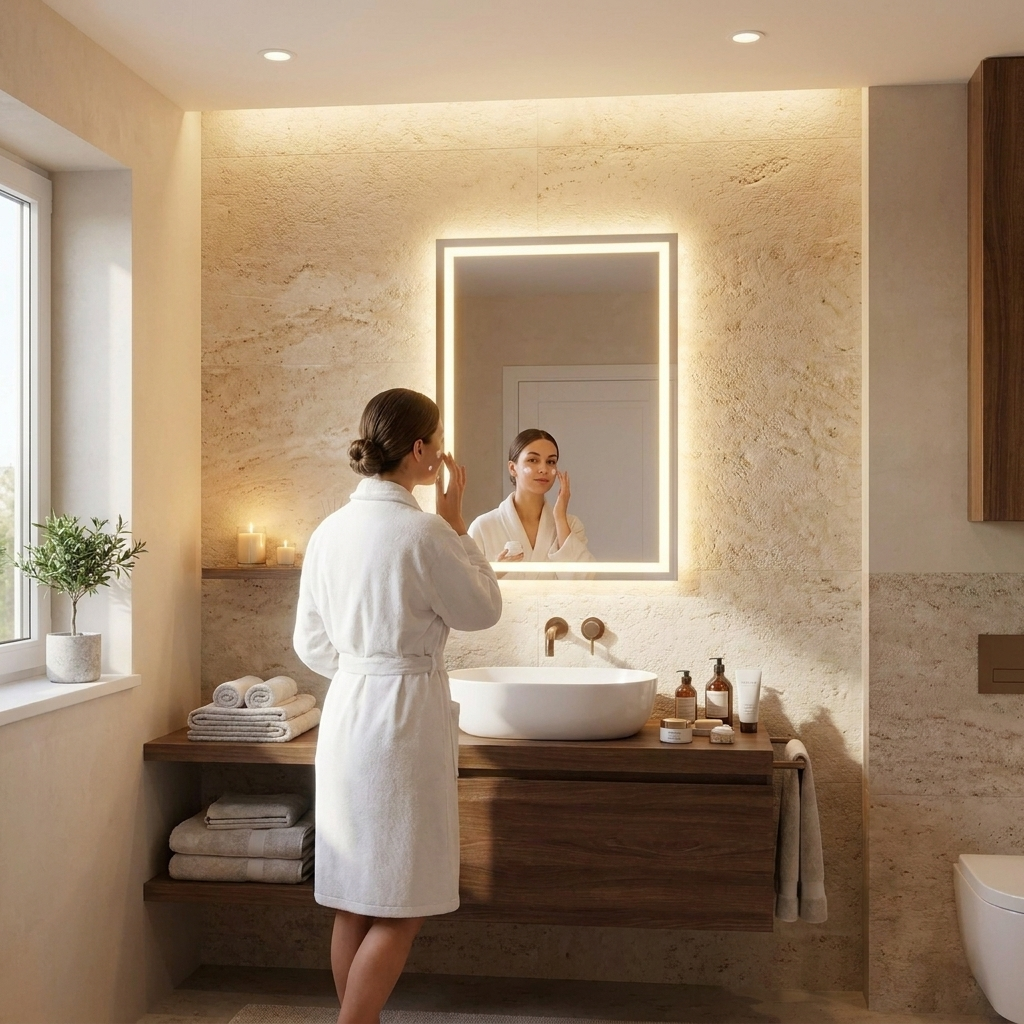 Woman doing skincare in front of the 24x32 inch mirror for scale