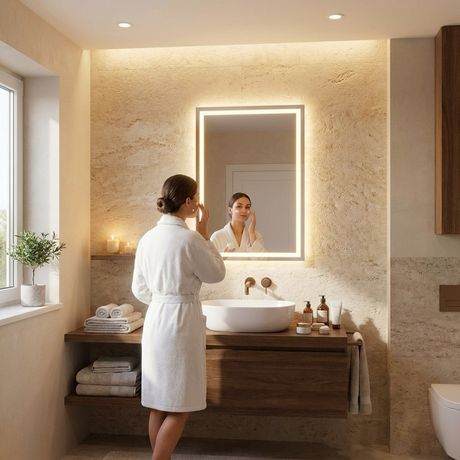 Woman doing skincare in front of the 24x32 inch mirror for scale