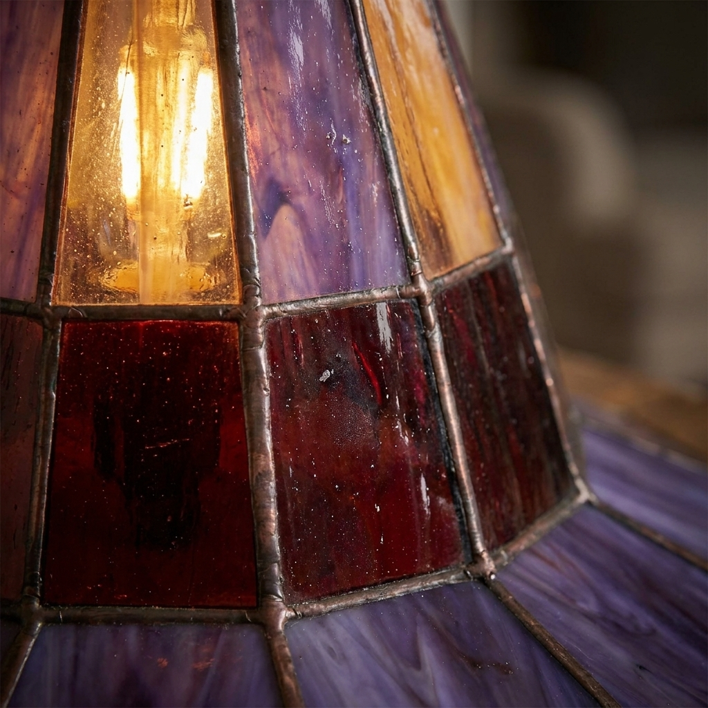 Close-up of the glowing stained glass panel detail