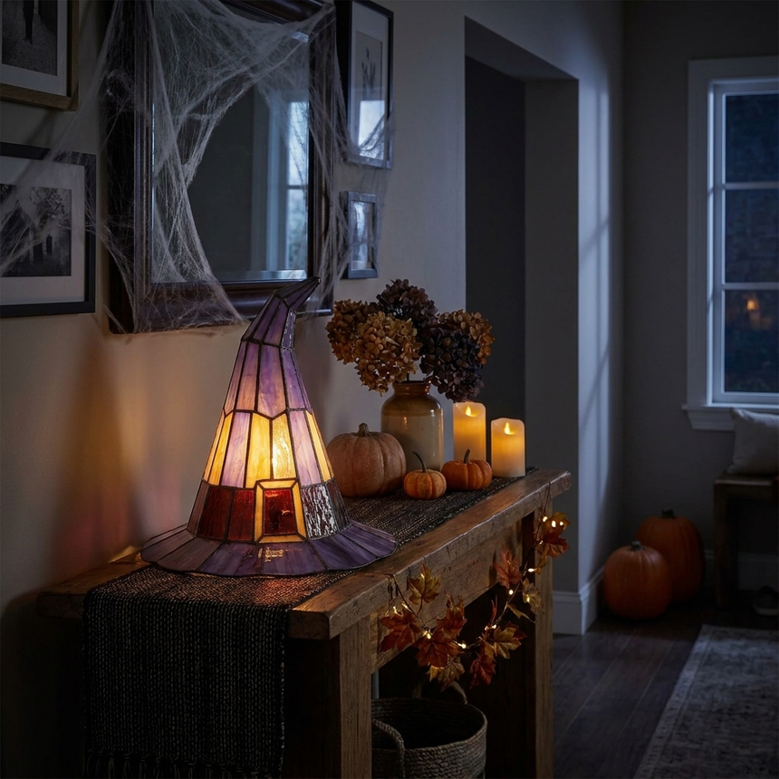 Witch hat lamp as spooky-cozy accent lighting in an entryway at night