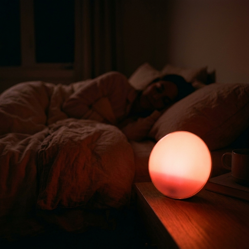 Dim red sleep light mode in a dark bedroom