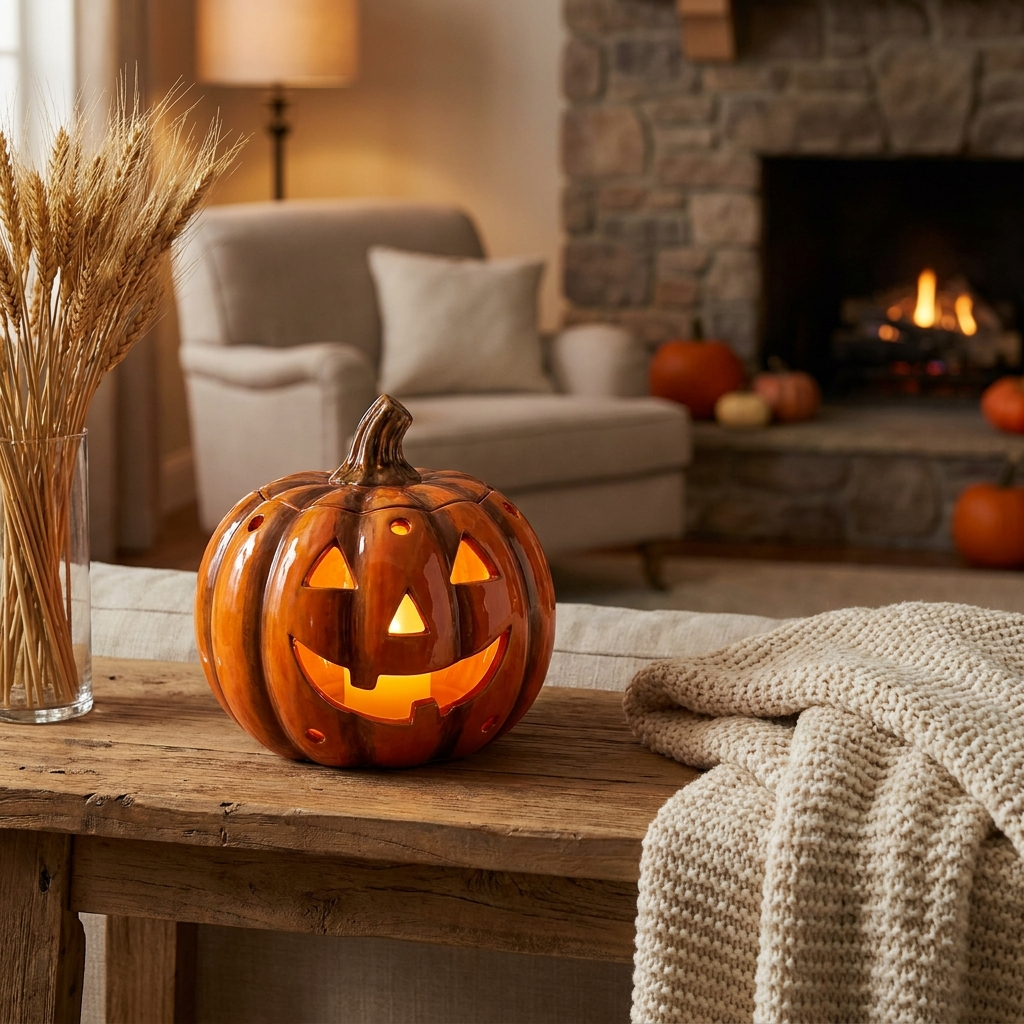 Vintage ceramic jack-o'-lantern lamp glowing on a rustic console in a cozy autumn living room