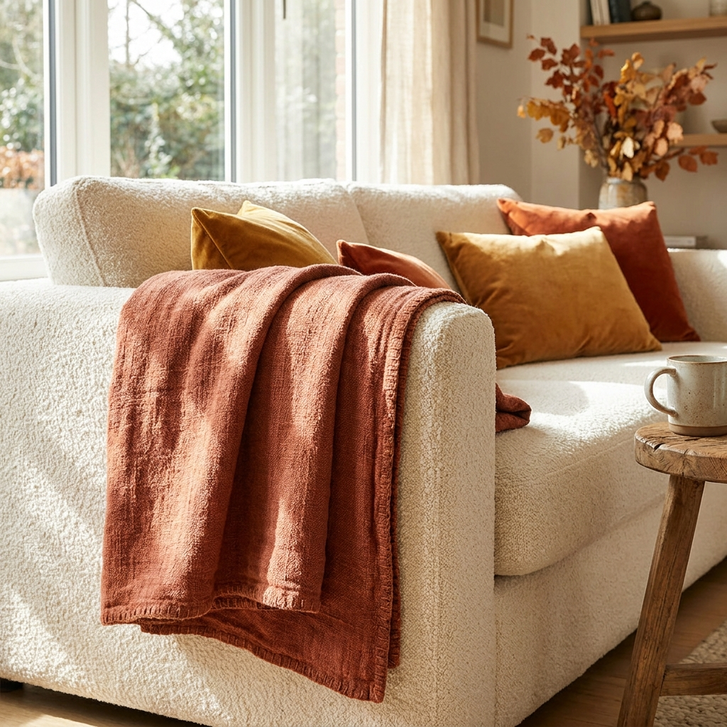 Rust stonewashed linen throw draped over a cream boucle sofa