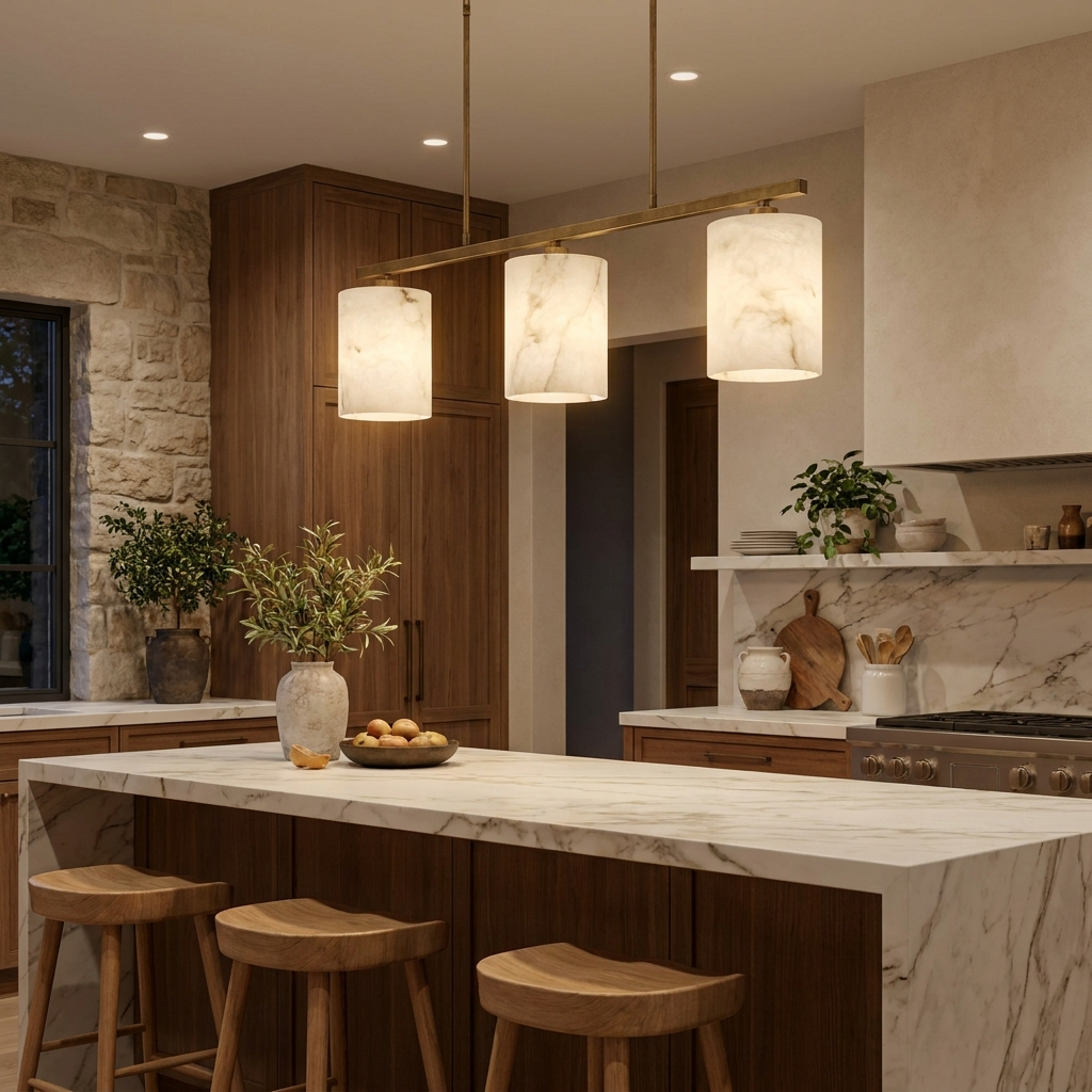 Alabaster linear island chandelier over a marble kitchen island