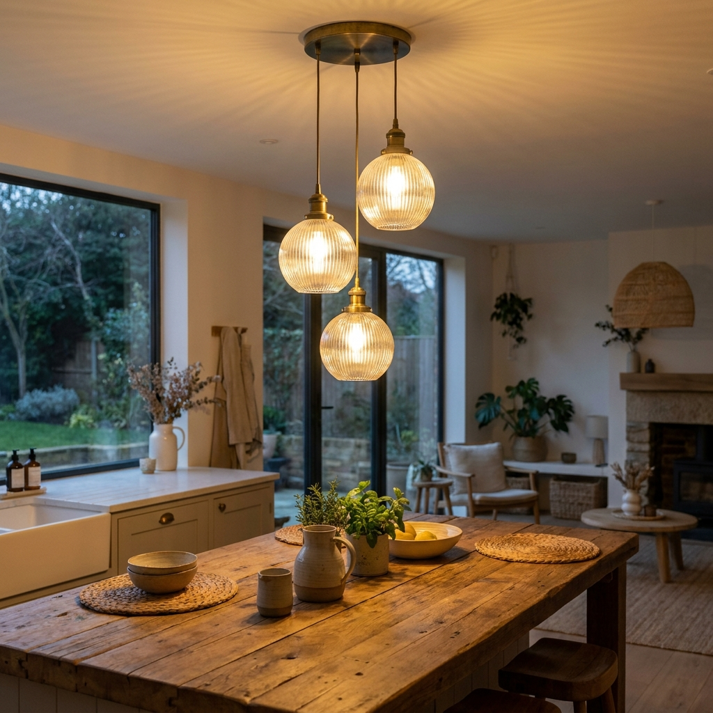 Fluted glass 3-head cluster pendant over a warm wood kitchen island