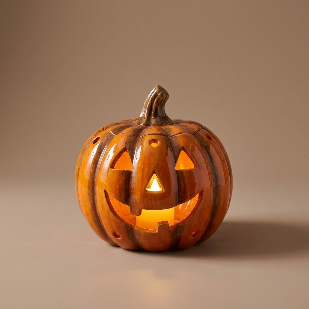Hand-painted ceramic jack-o'-lantern lamp studio product shot