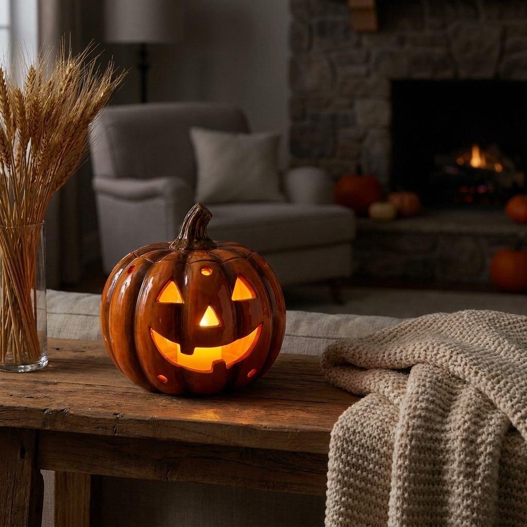 Jack-o'-lantern lamp glowing on a mantel at dusk